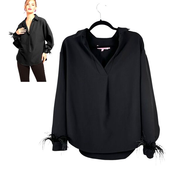 Eva Franco Dolvan Black V Neck Feather Sleeve Cuff Long Sleeve Blouse Size Large - Picture 1 of 8
